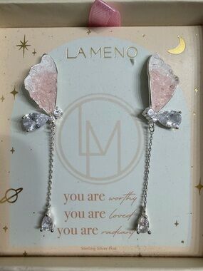LA MENO Sterling Silver Pink Quartz Butterfly Drop Earrings NIB